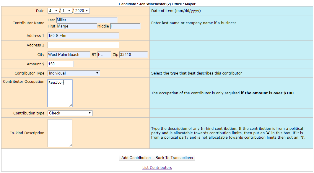 Entry of a contribution