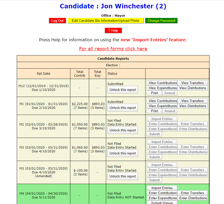 Candidates list of reports to file